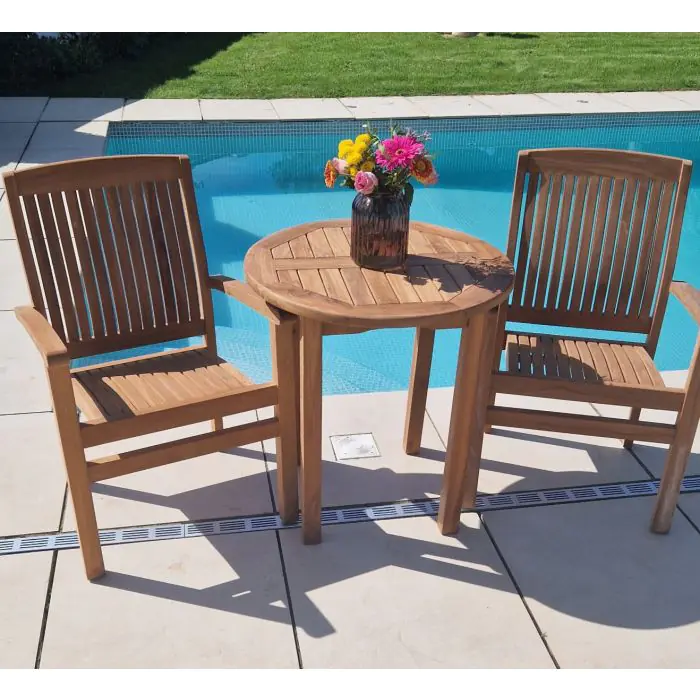 70cm Teak Circular Fixed Table with 2 Marley Chairs / Armchairs - 9