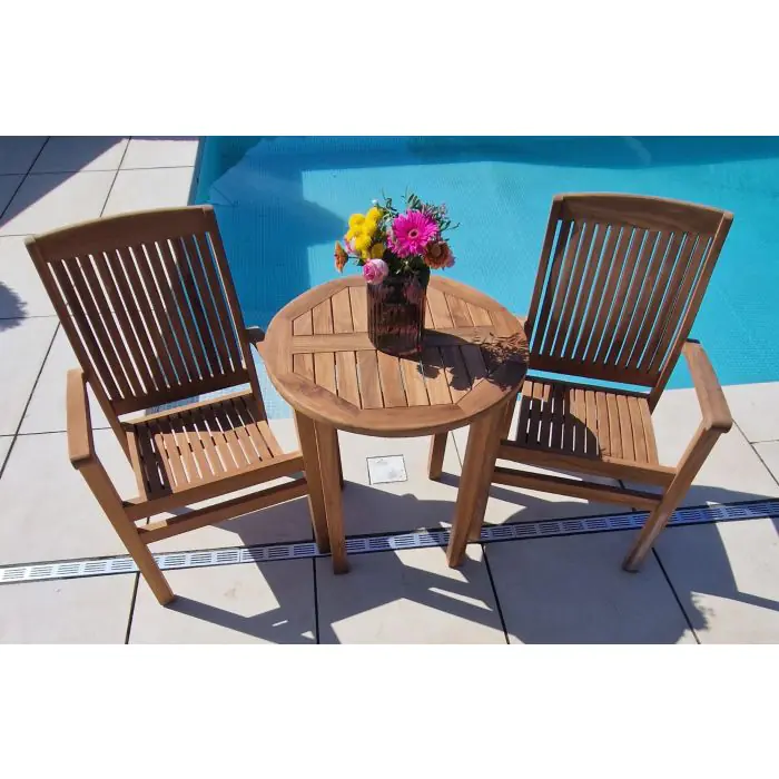 70cm Teak Circular Fixed Table with 2 Marley Chairs / Armchairs - 10