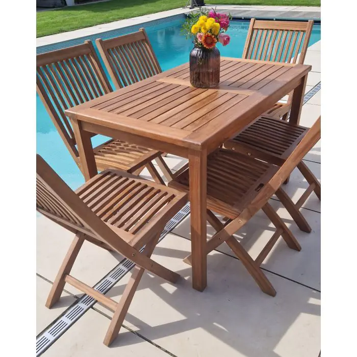 1.2m Teak Rectangular Fixed Table with 6 Kiffa Folding Chairs - 1