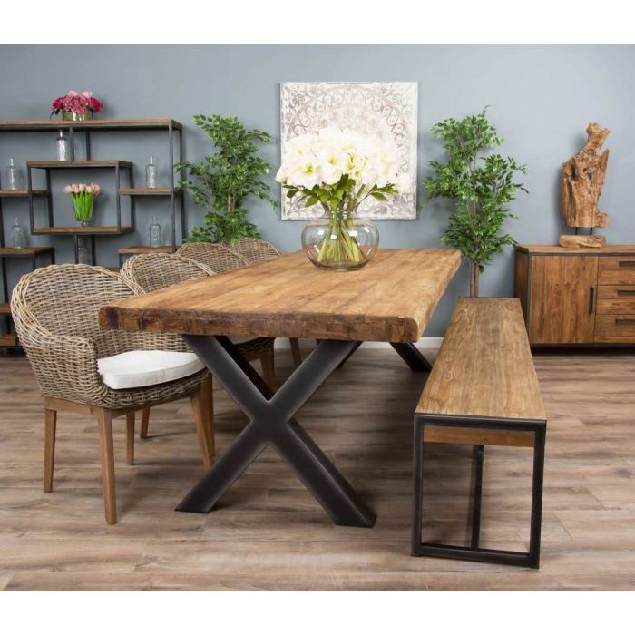 3m Reclaimed Teak Urban Fusion Cross Dining Table with One Backless ...