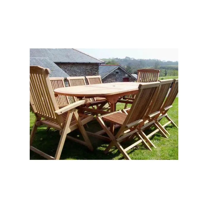 80cm x 1.5m-2.1m Teak Oval Extending Table with 6 Classic Folding Chairs & 2 Harrogate Recliners - 3