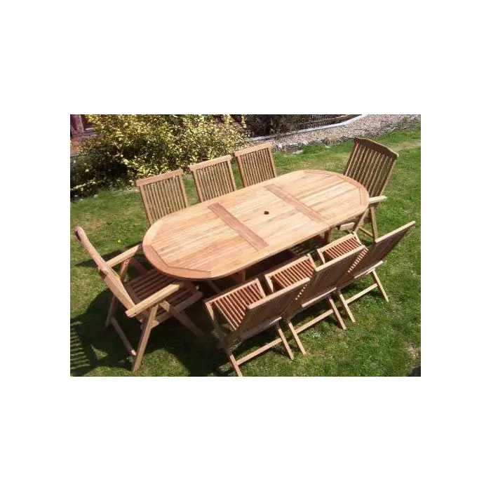 80cm x 1.5m-2.1m Teak Oval Extending Table with 6 Classic Folding Chairs & 2 Harrogate Recliners - 1