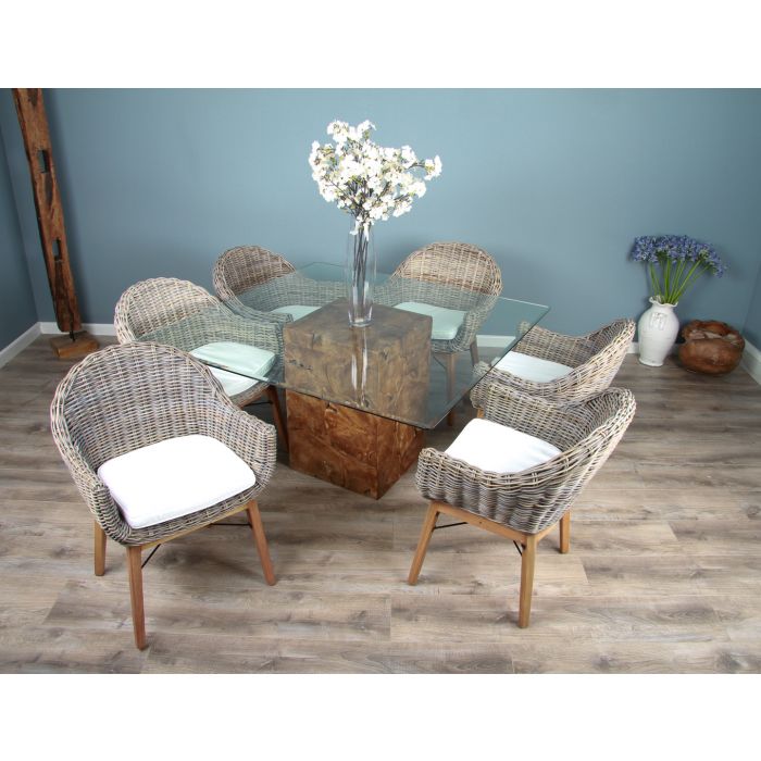 1.4m Reclaimed Teak Root Square Block Dining Table with 6 Scandi Armchairs  - 4