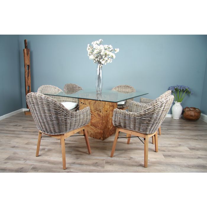 1.4m Reclaimed Teak Root Square Block Dining Table with 6 Scandi Armchairs  - 7