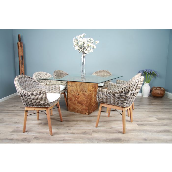 1.4m Reclaimed Teak Root Square Block Dining Table with 6 Scandi Armchairs  - 8