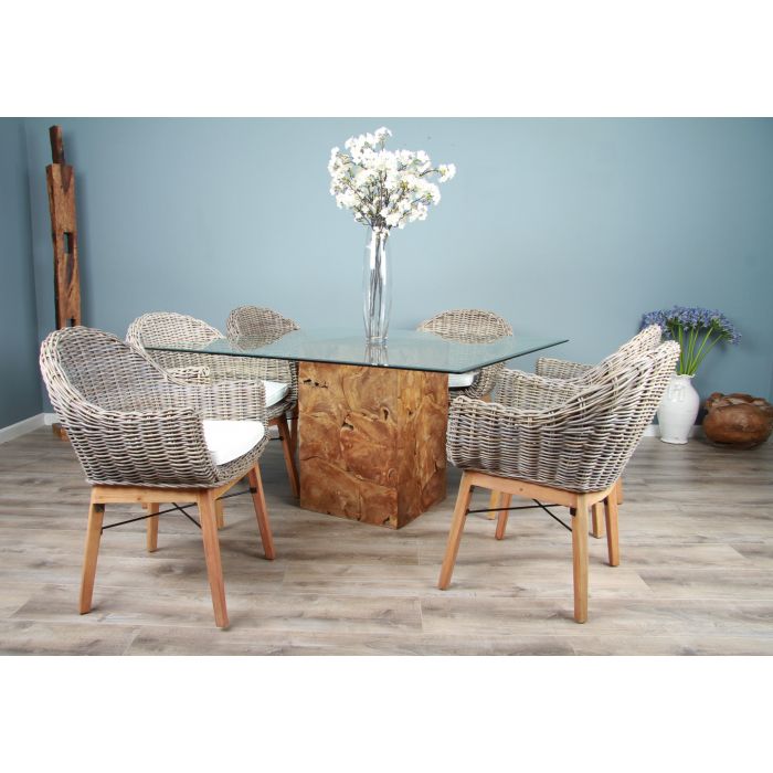 1.4m Reclaimed Teak Root Square Block Dining Table with 6 Scandi Armchairs  - 9