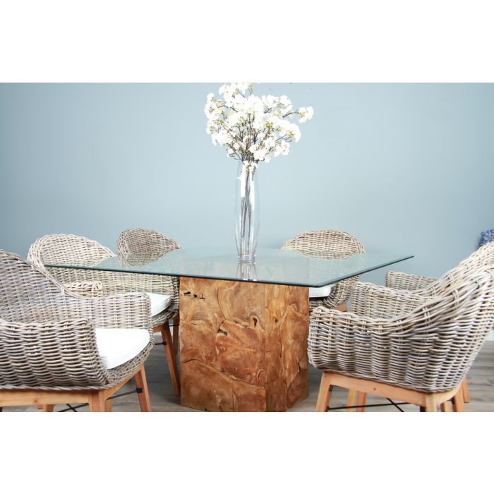 1.4m Reclaimed Teak Root Square Block Dining Table with 6 Scandi Armchairs  - 10