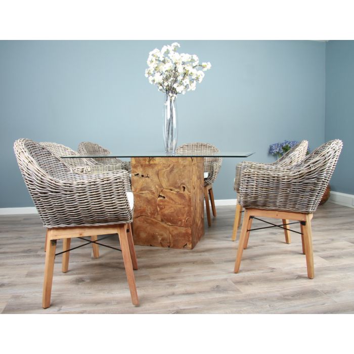 1.4m Reclaimed Teak Root Square Block Dining Table with 6 Scandi Armchairs  - 3