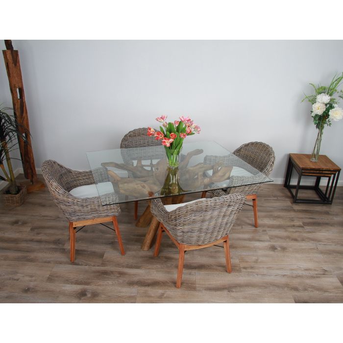 1.5m x 1.2m Reclaimed Teak Root Rectangular Dining Table with 4 Scandi Chairs  - 2