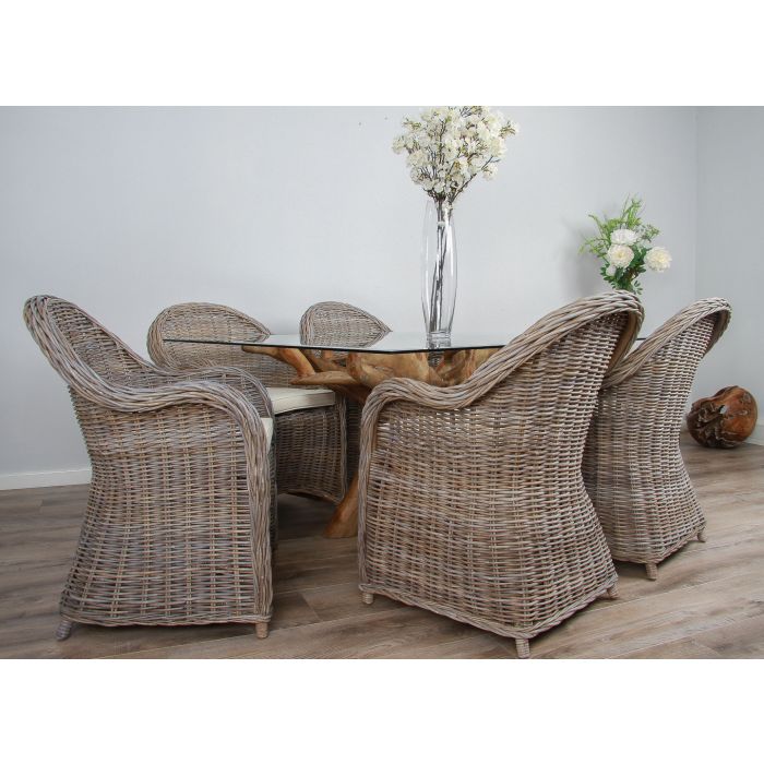 1.5m x 1.2m Reclaimed Teak Root Rectangular Dining Table with 4 Riviera Armchairs - 5