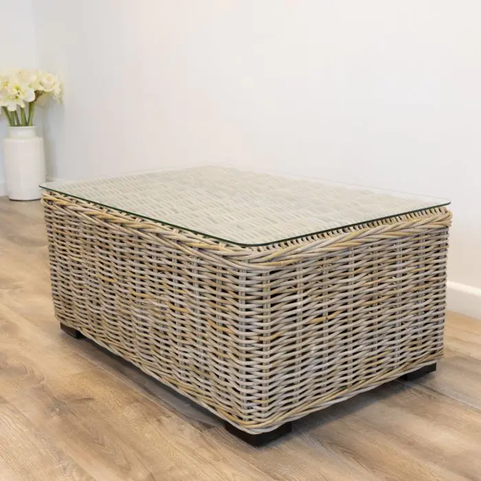 Natural Wicker Glass Topped Coffee Table - 12