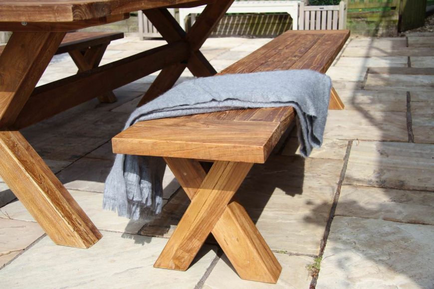 2 4m Reclaimed Teak Cross Leg Outdoor Dining Bench Sustainable Furniture