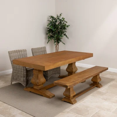 Emara 4 or 6 Seater Bench Dining Set with Natural Kubu Chairs
