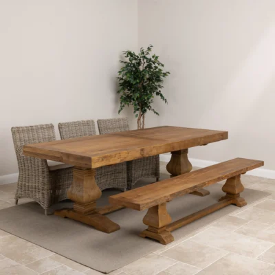 Emara 6 or 8 Seater Bench Dining Set with Natural Kubu Chairs