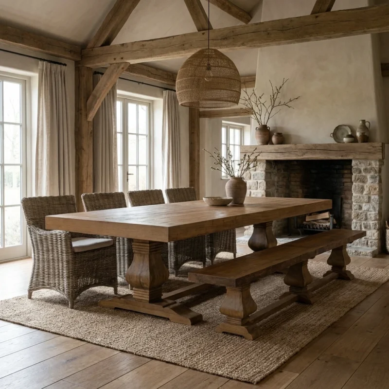 Emara 8 or 10 Seater Bench Dining Set with Natural Kubu Chairs