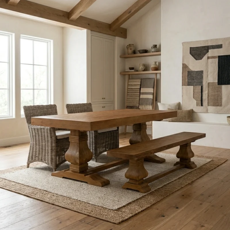 Emara 4 or 6 Seater Bench Dining Set with Natural Kubu Chairs