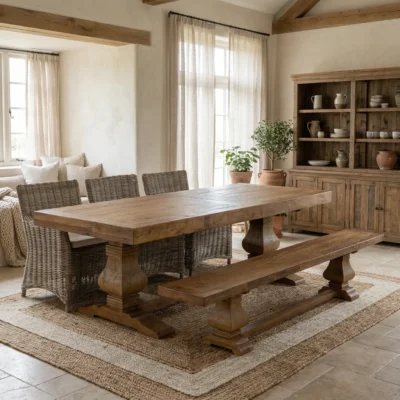 Emara 6 or 8 Seater Bench Dining Set with Natural Kubu Chairs
