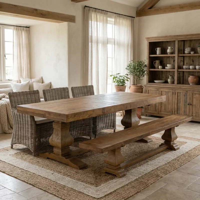 Emara 6 or 8 Seater Bench Dining Set with Natural Kubu Chairs
