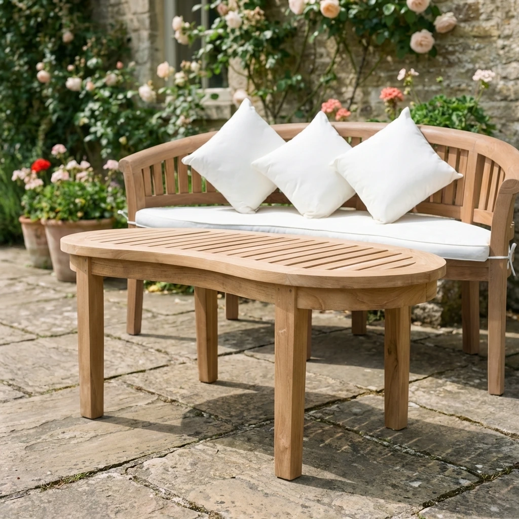A side shot of the San Francisco coffee table in a garden with a San Francisco garden bench