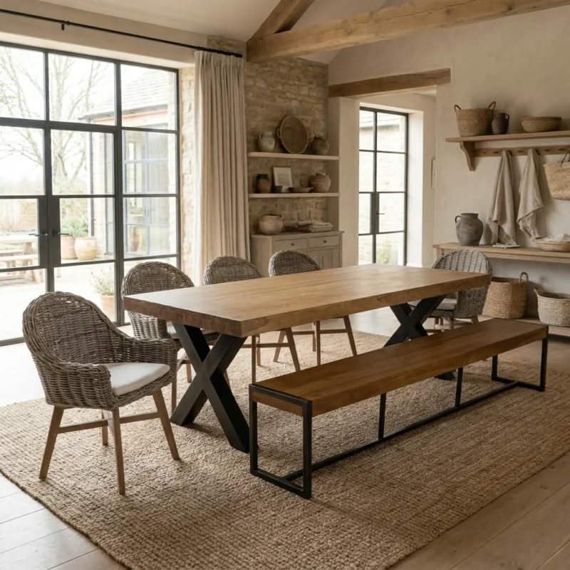 Urban Fusion 6 or 8 Seater Bench Dining Set with Scandi Armchairs