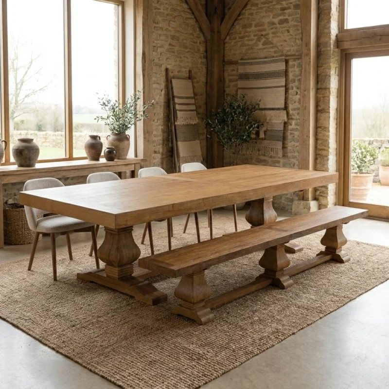 Emara 8 or 10 Seater Bench Dining Set with Wave Armchairs