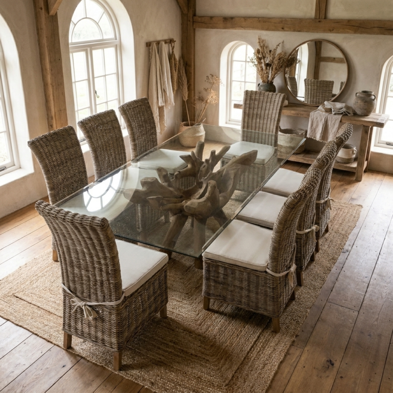 Hiloa 6 or 8 Seater Dining Set with Natural Kubu Chairs
