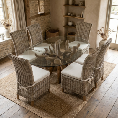 Olira 6 Seater Dining Set with Natural Kubu Chairs