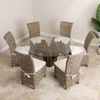 Hara Compact 6 Seater Dining Set with Natural Kubu Chairs
