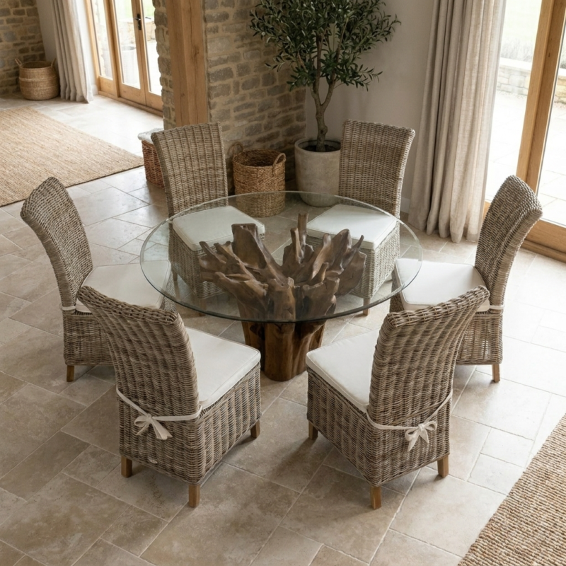 Hara Compact 6 Seater Dining Set with Natural Kubu Chairs