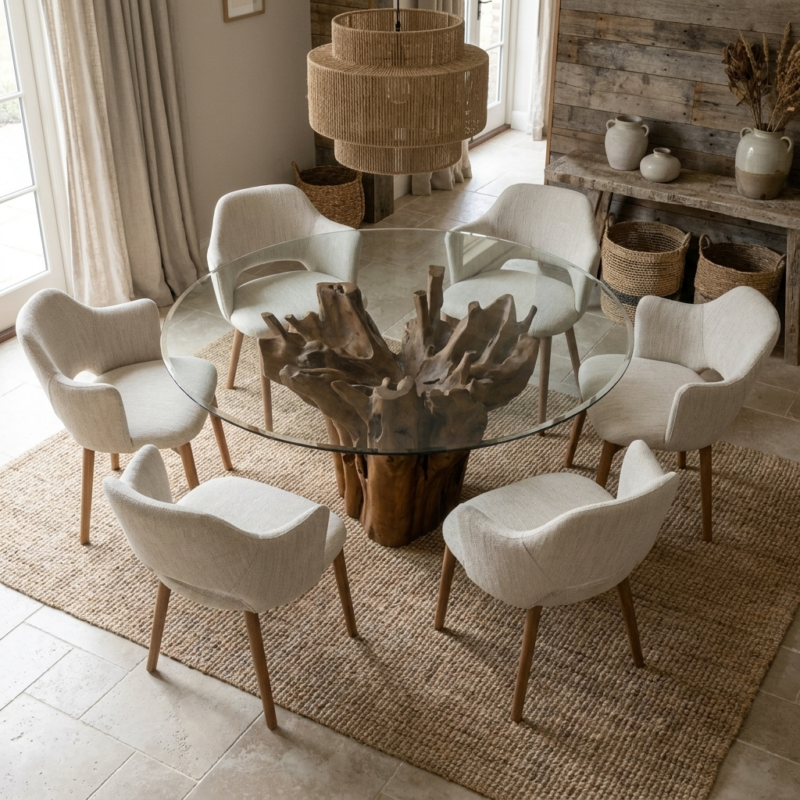 Hara Compact 6 Seater Dining Set with Wave Armchairs