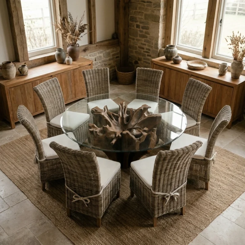 Hara 8 Seater Dining Set with Natural Kubu Chairs