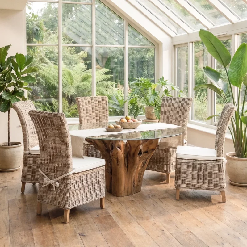 Hara Compact 6 Seater Dining Set with Natural Kubu Chairs