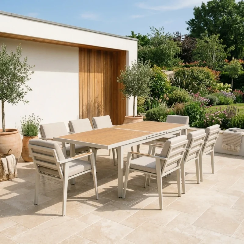 Arlo 8 to 10 Seater Extending Dining Set – Latte