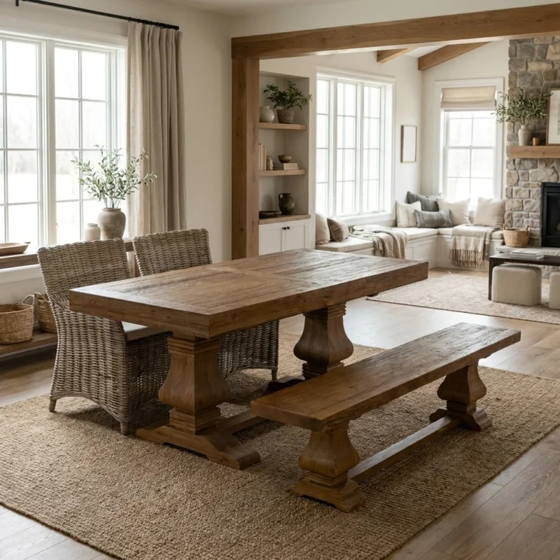 Emara Compact 4 or 6 Seater Bench Dining Set with Natural Kubu Chairs