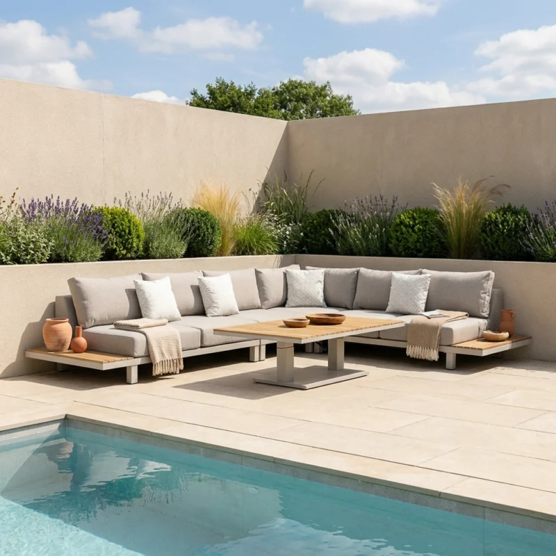 Lumira Corner Sofa Set With Adjustable Table – Latte